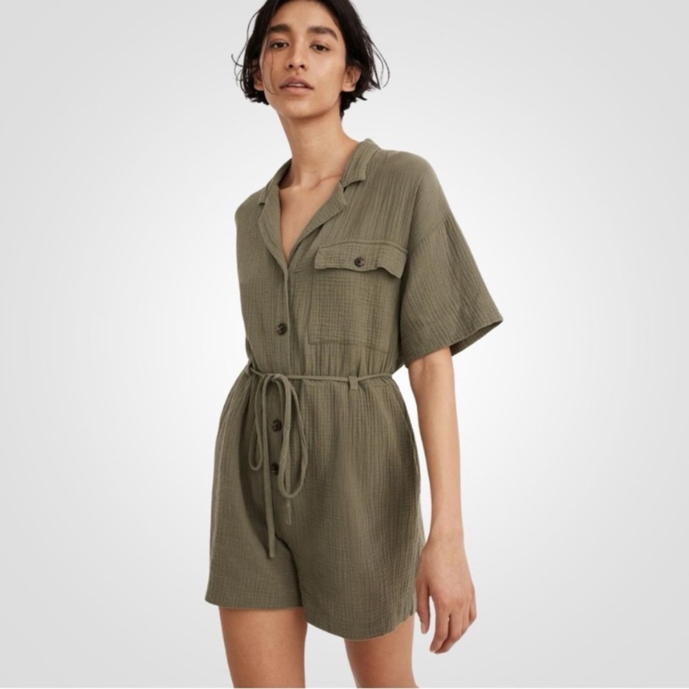 MADEWELL Lightspun Safari Belted Romper, olive color, size XXL